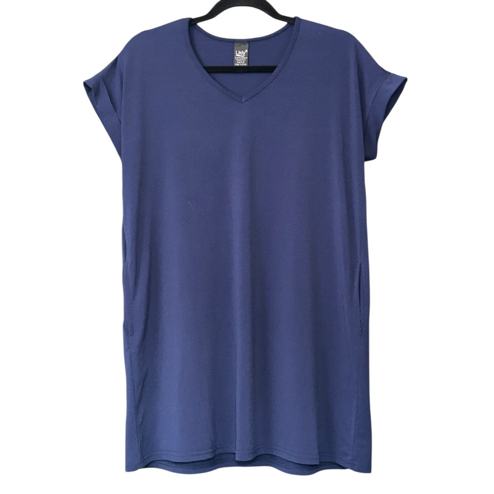 Lildy Top Womens Size S-M Blue Cuffed S/S Comfort Stretch 2 Pocket Shirt Tunic